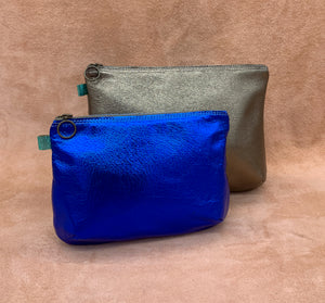 Luxury Leather Wash Bag in electric blue and antique gold