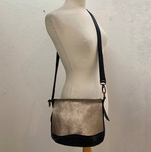 Flat Front Soft Leather Shoulder Bag in gold and black