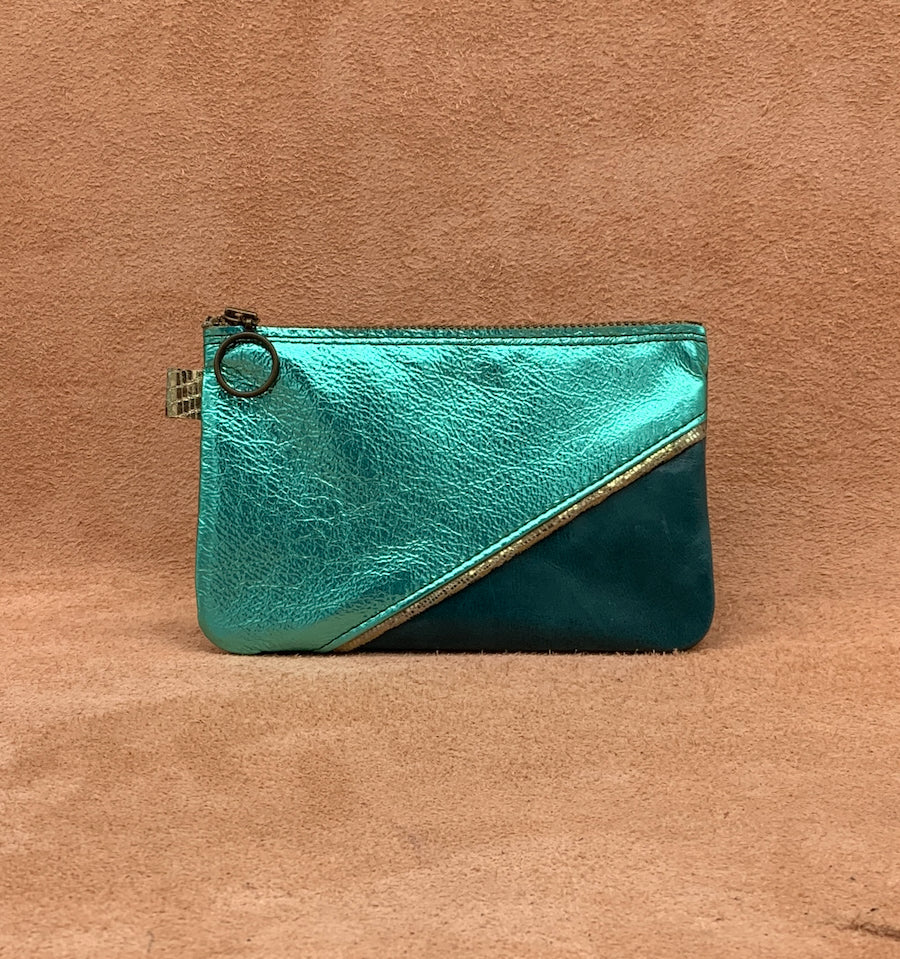 Split front leather purse in electric turquoise andteal