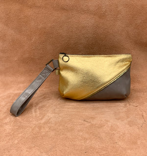 Split Front Soft Leather Clutch Bag in gold and ghost